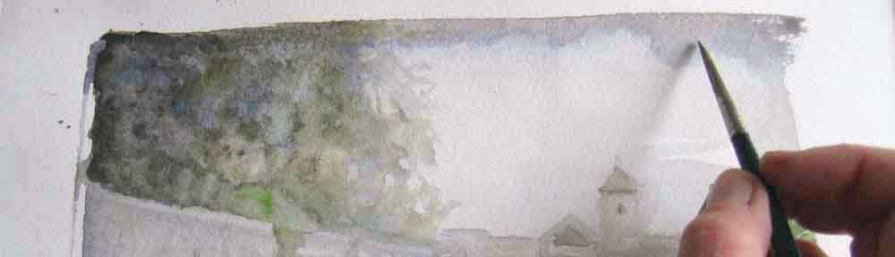 Banner pagina tecniche dell'acquarello.Dettaglio di un pennello che dipinge un paesaggio ad acquarello