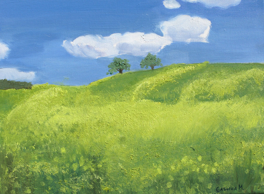 campo giallo con nuvole, corso di pittura a olio per bambini