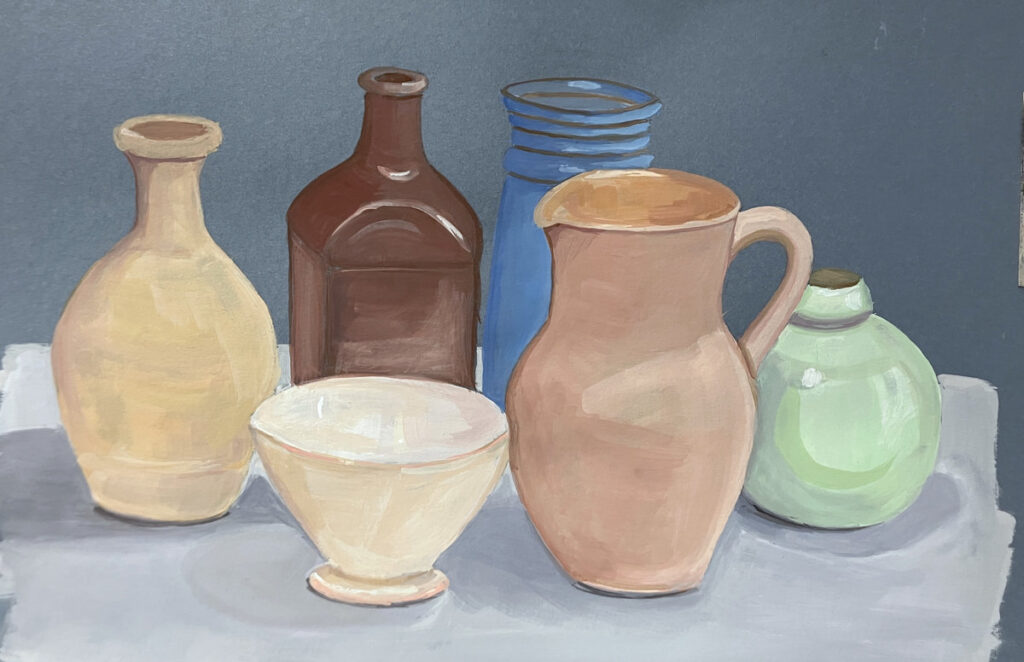 natura morta con brocche e bottiglie di ceramica, tecnica pittorica guache