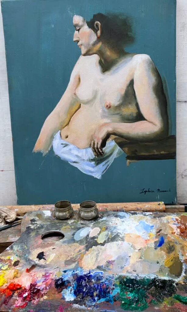 Nudo su fondo blu in via di realizzazione, corso avanzato di pittura a olio