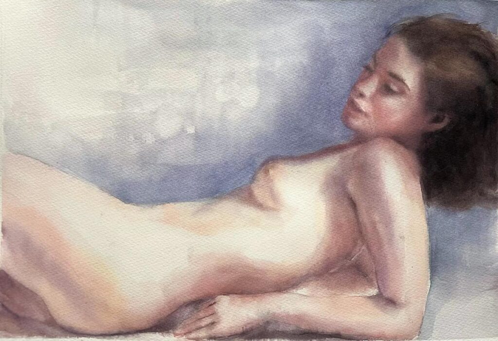 Nudo disteso di ragazza, acquarello