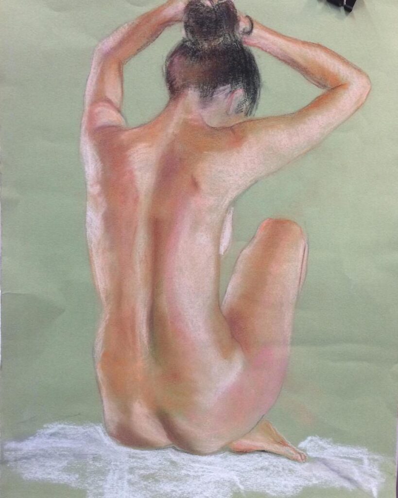 Nudo di schiena su fondo verde, pastello