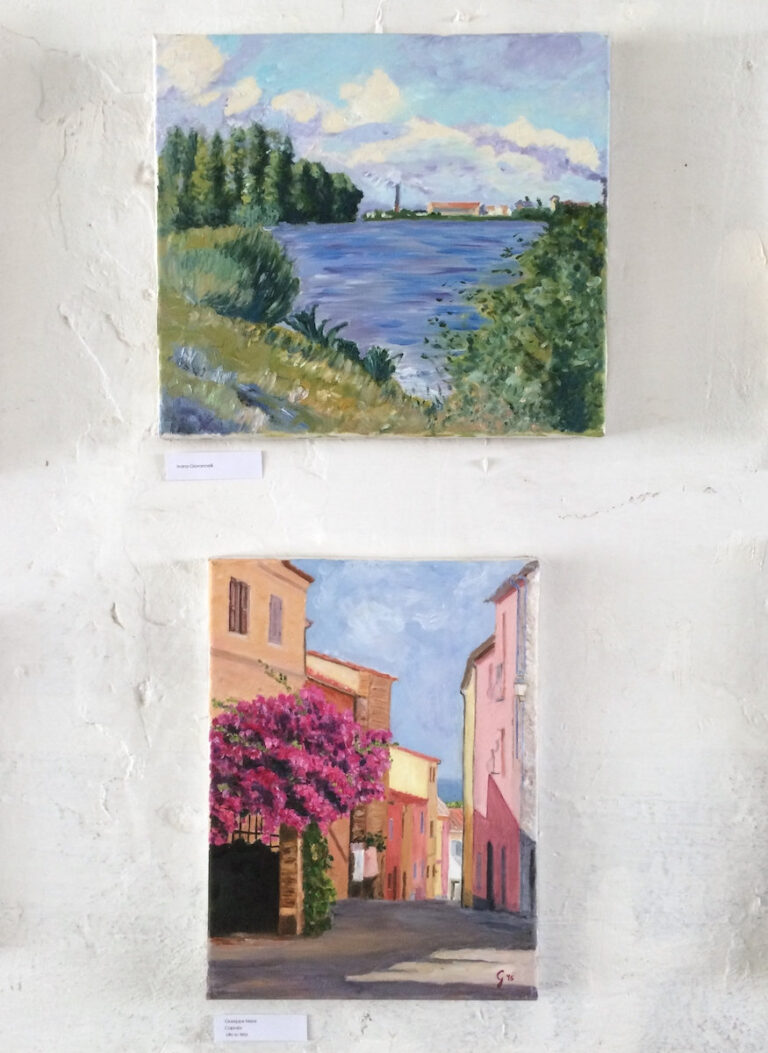 paesaggio e angolo di paese, creati da allievi durante il corso di pittura ad olio