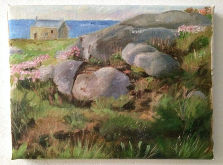 Paesaggio bretone con casetta in pietra e rocce rotondeggianti, olio su tela