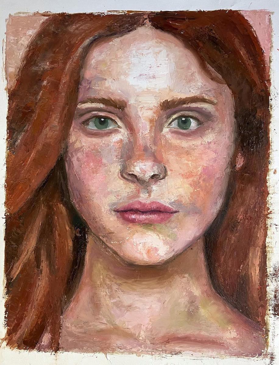 ritratto di ragazza, olio a spatola, dipinto da una allieva del corso di pittura per ragazzi
