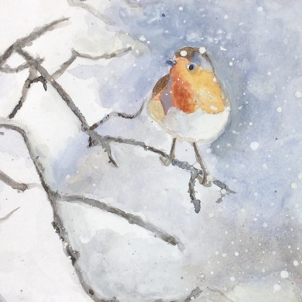 Uccellino sul ramo mentre nevica, acquerello, corso di pittura per bambini a Firenze