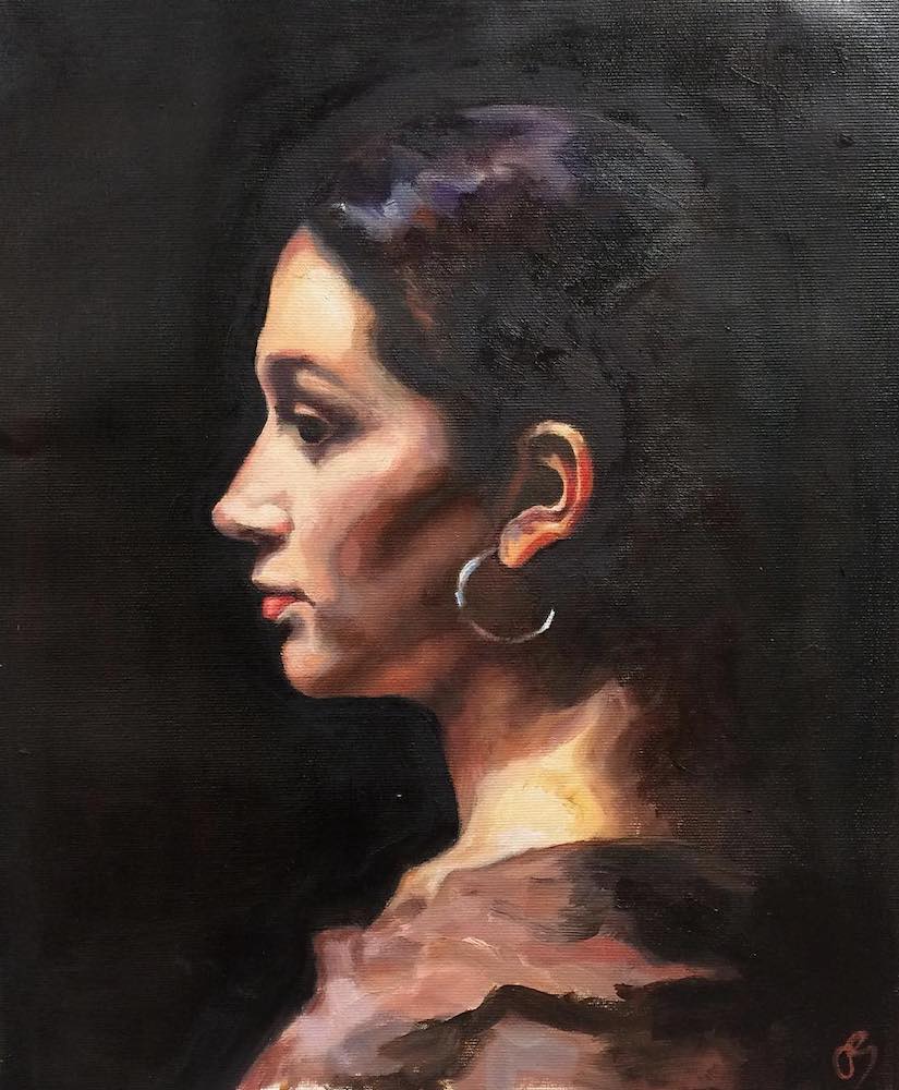 profilo di donna su fondo scuro, studio della luce nella pittura ad olio